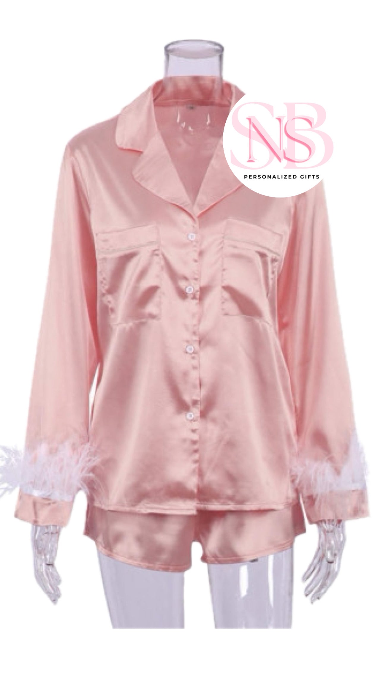 Satin Feather Cuff Pjs - Blush