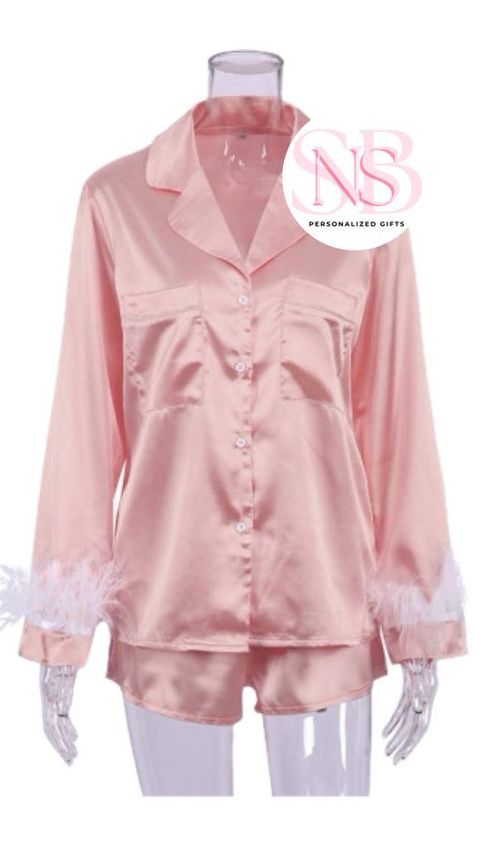 Satin Feather Cuff Pjs - Blush
