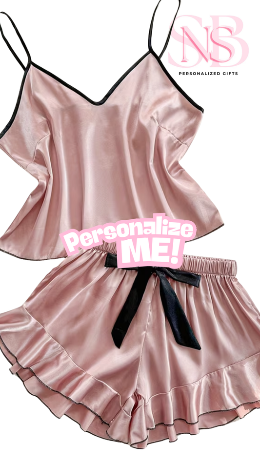 Ruffle Satin Pjs | Pink Black Piping