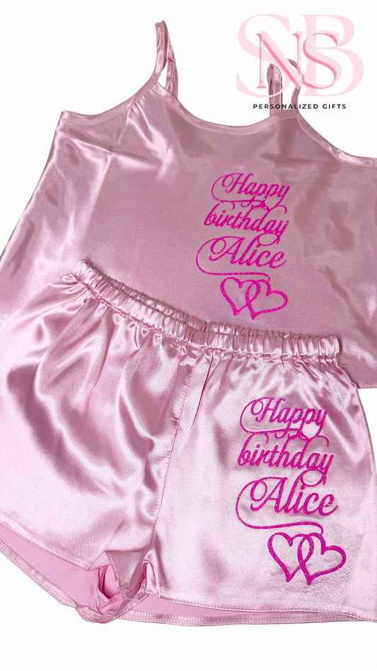 Kids Personalised Satin Cami Sets | Baby Pink