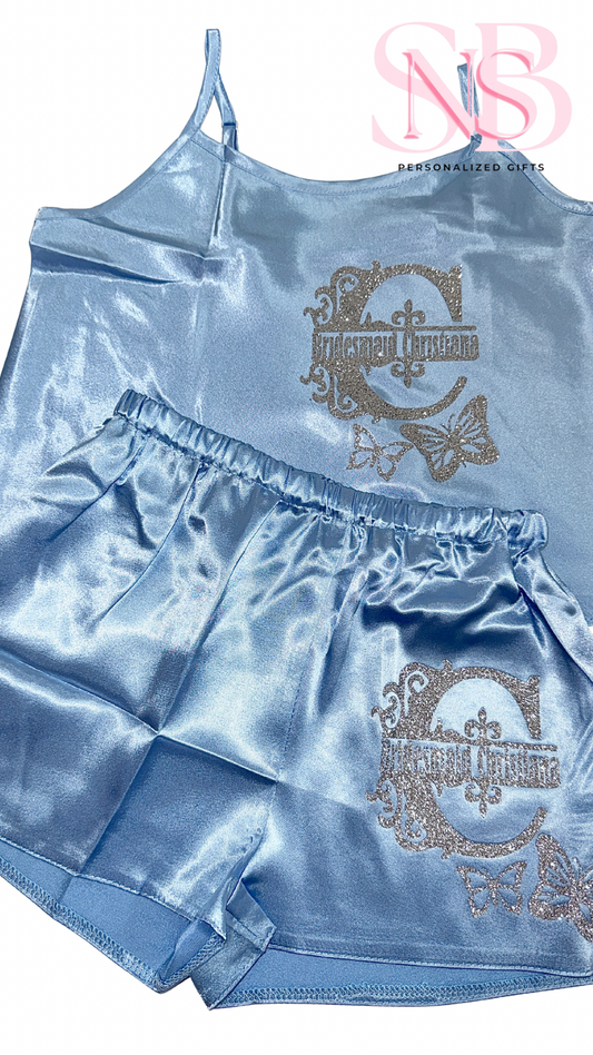 Kids Personalised Satin Cami Sets | Baby Blue