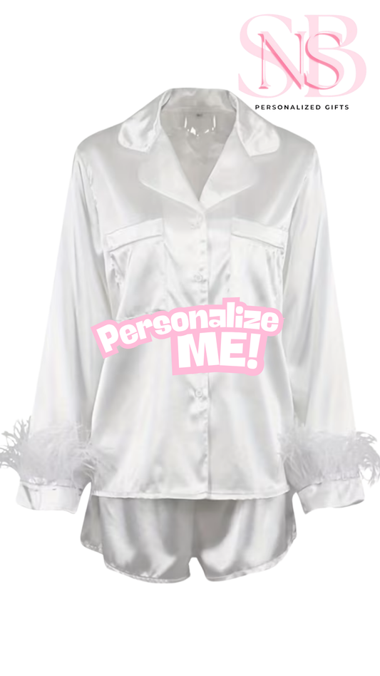 Satin Feather Cuff Pjs - White