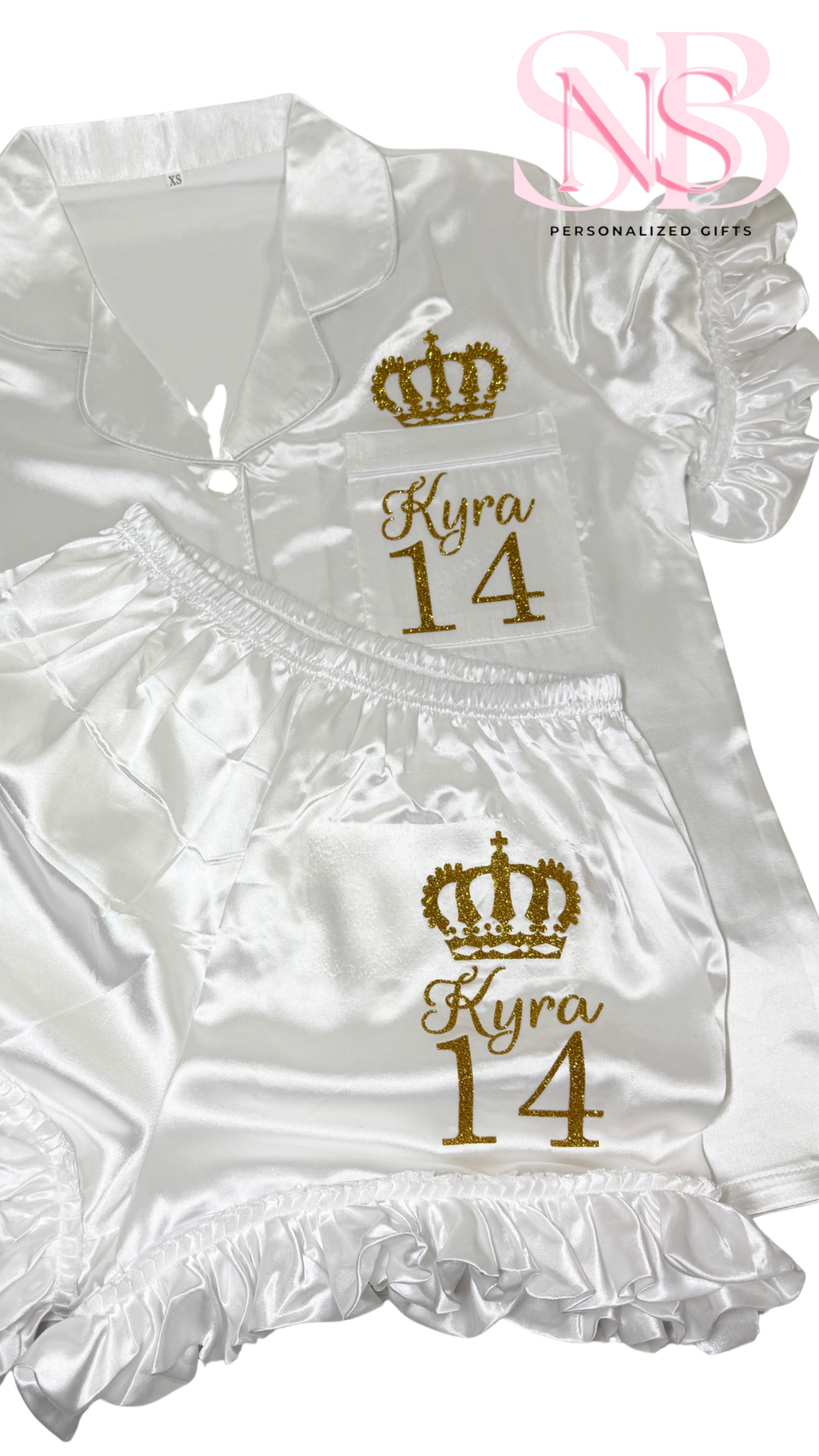 Ruffle Trim Satin Pjs | White