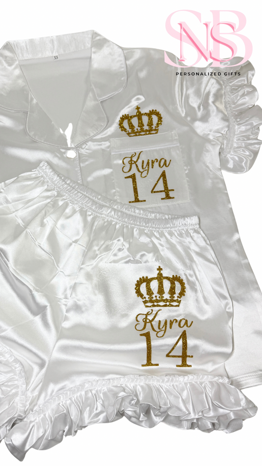 Ruffle Trim Satin Pjs | White