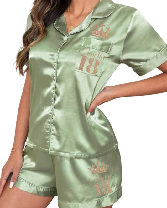 Personalised Satin Shirt Pjs | Green