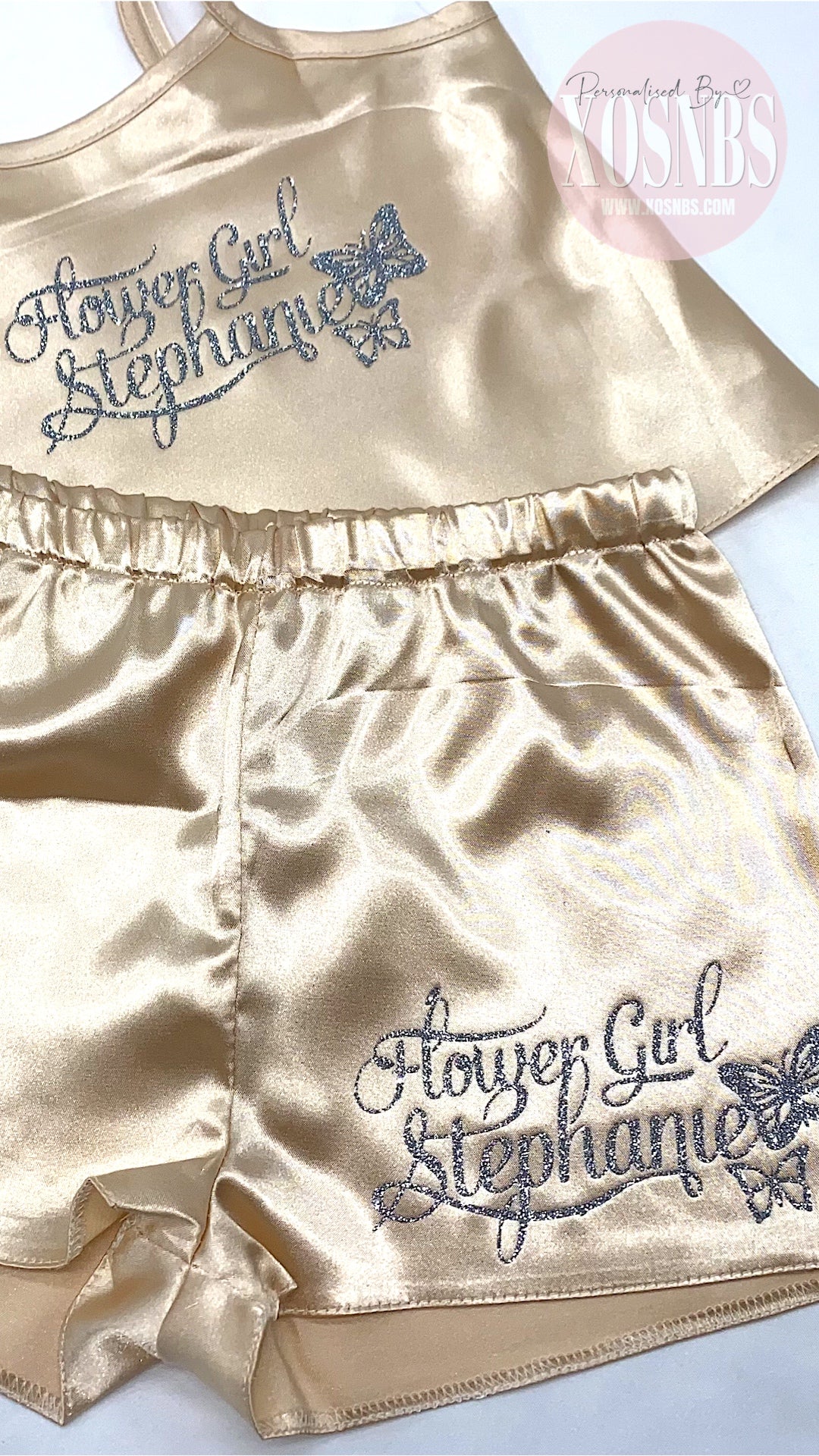 Kids Personalised Satin Cami Sets | Champagne