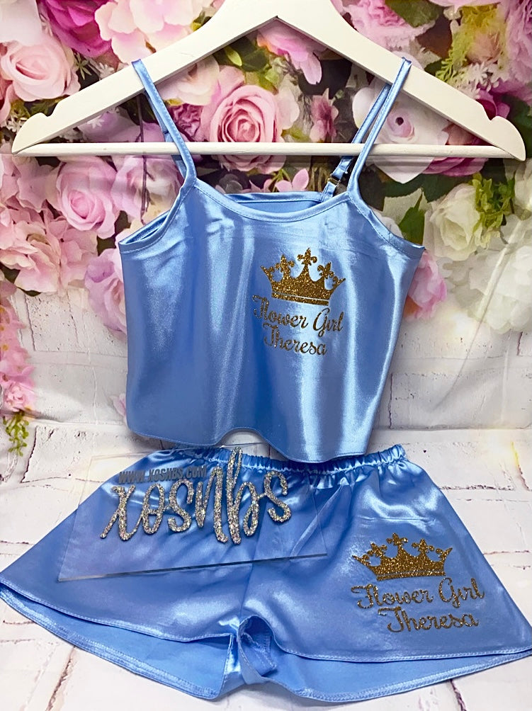 Kids Personalised Satin Cami Sets | Baby Blue