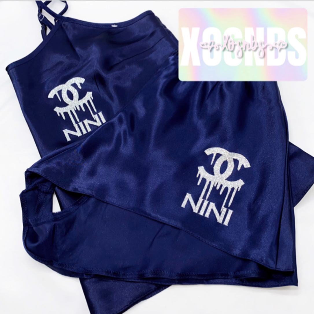 Kids Personalised Satin Cami Sets | Navy