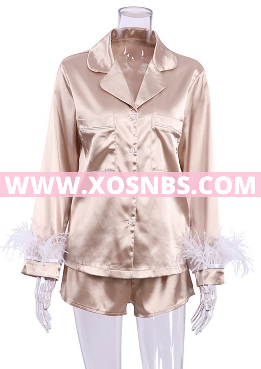 Feather Cuff Satin Pjs