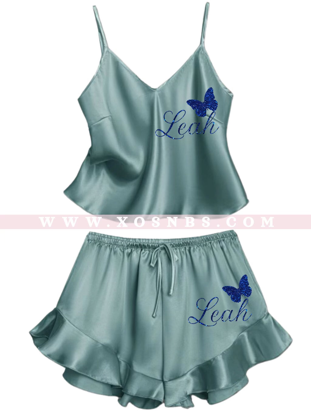 Ruffle Satin Pjs | Green Blue