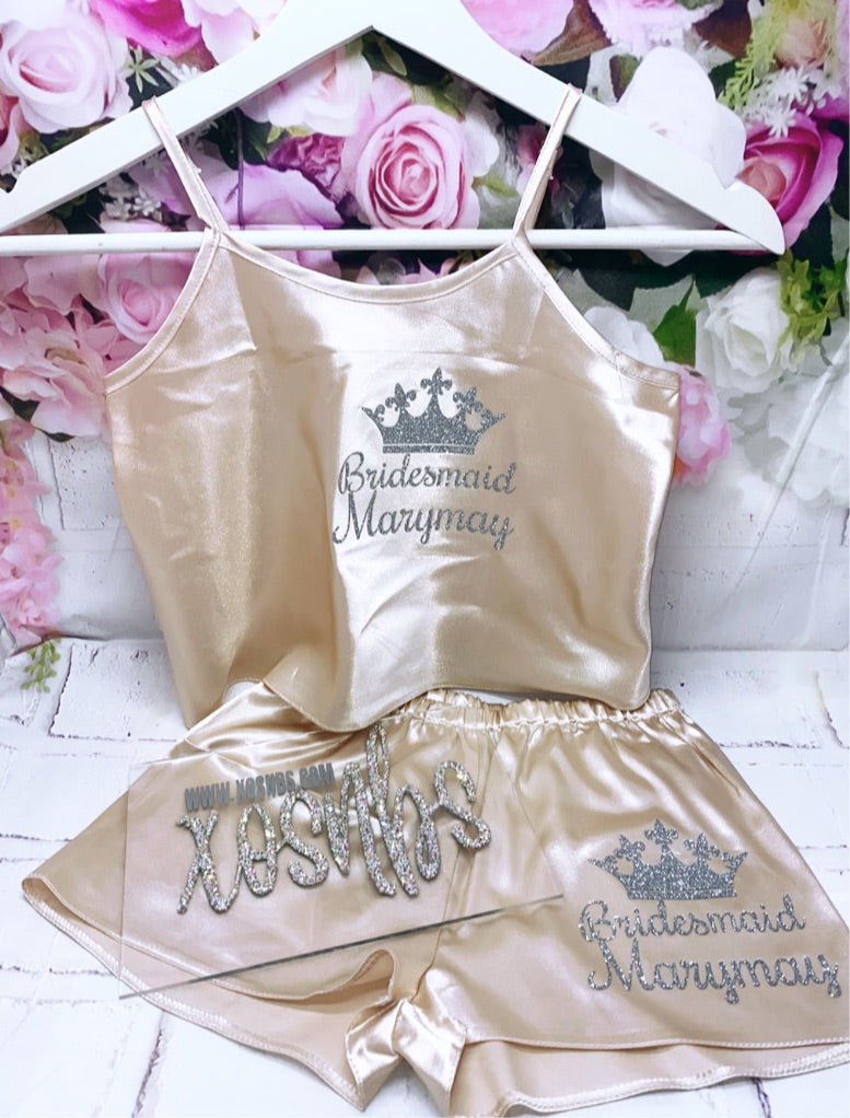 Kids Personalised Satin Cami Sets | Champagne