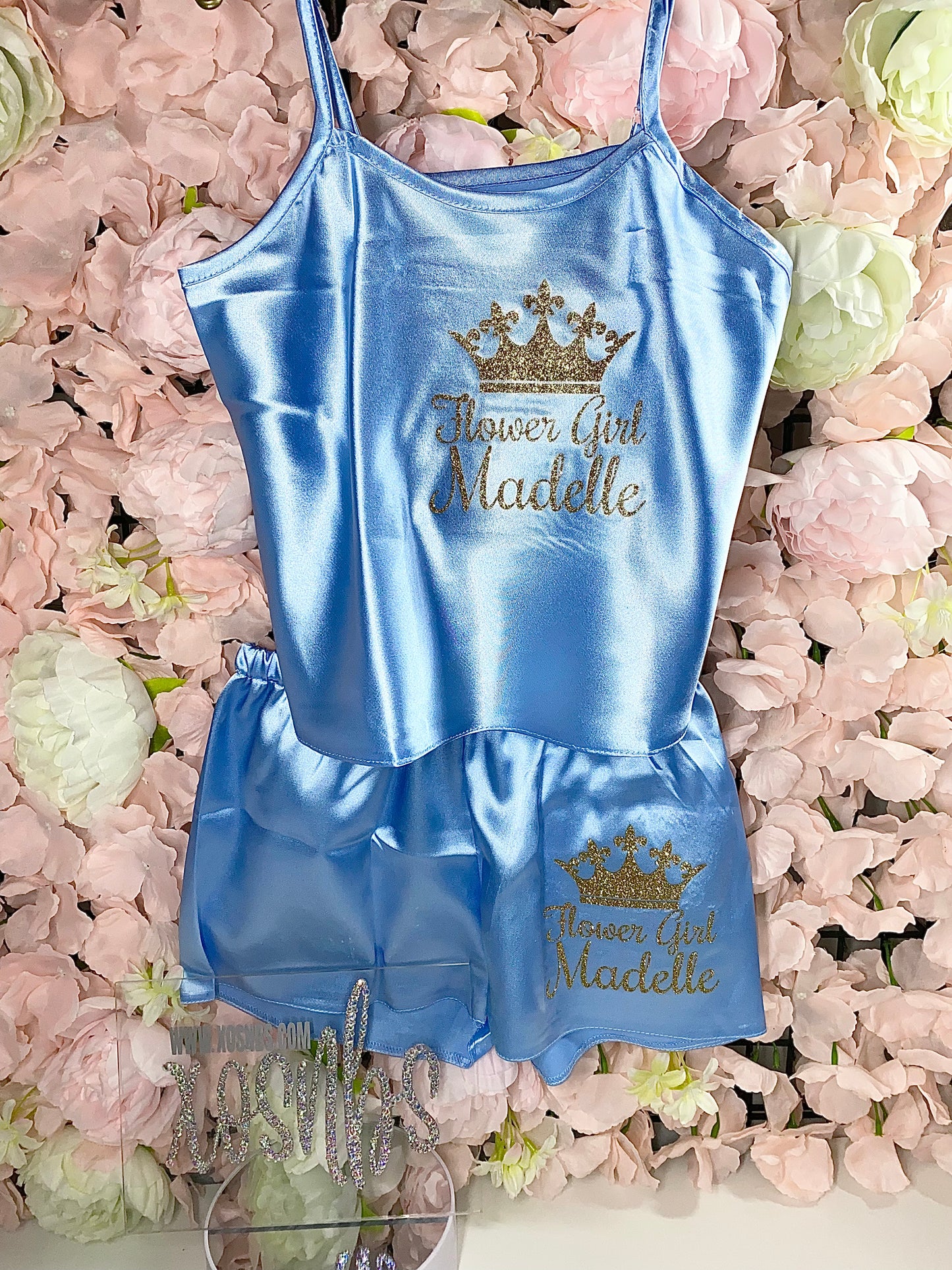 Kids Personalised Satin Cami Sets | Baby Blue